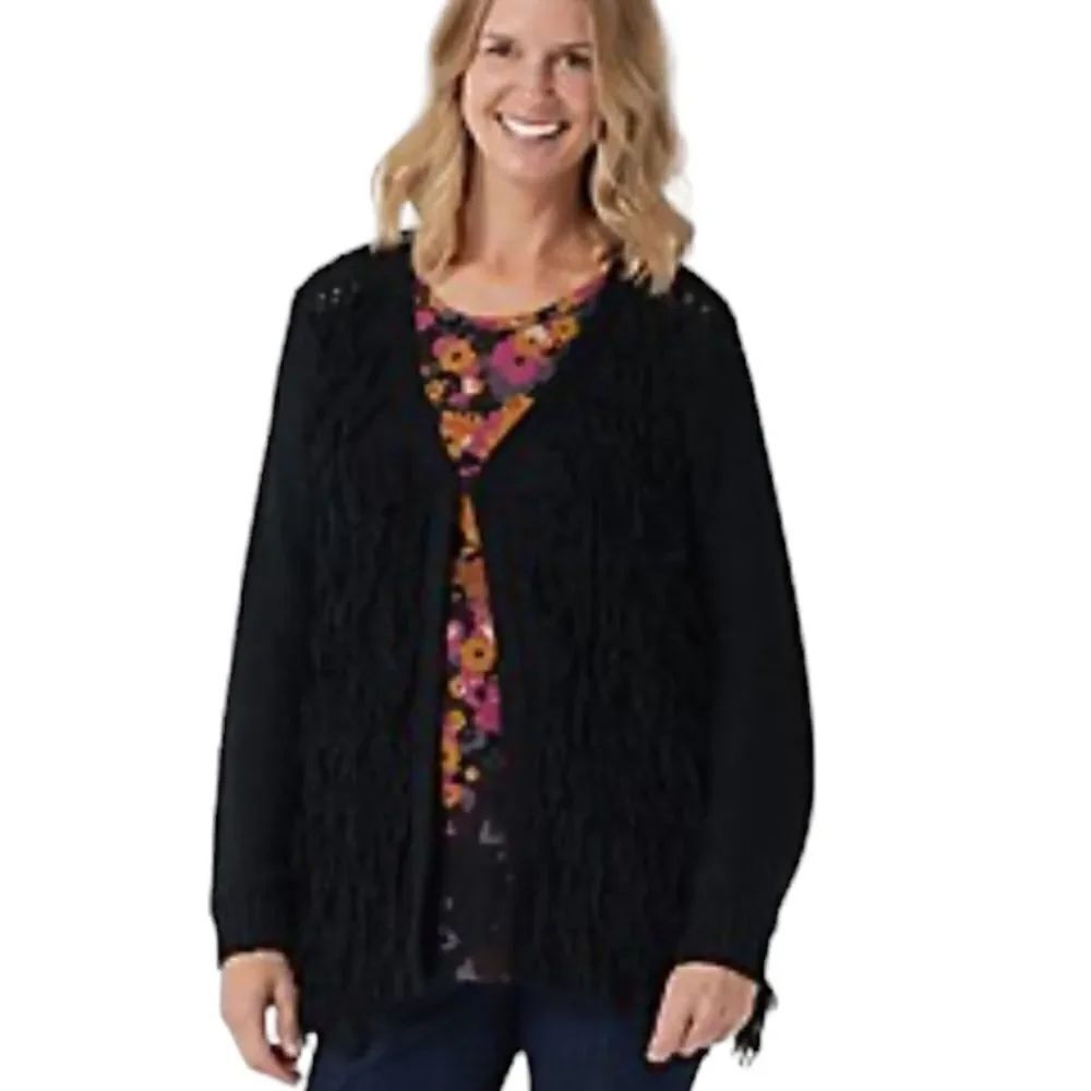 LOGO by Lori Goldstein black Jersey Knit Cardigan w/ Loops fringe size xlarge